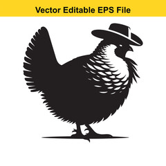 A black and white illustration of a hen wearing a cowboy hat