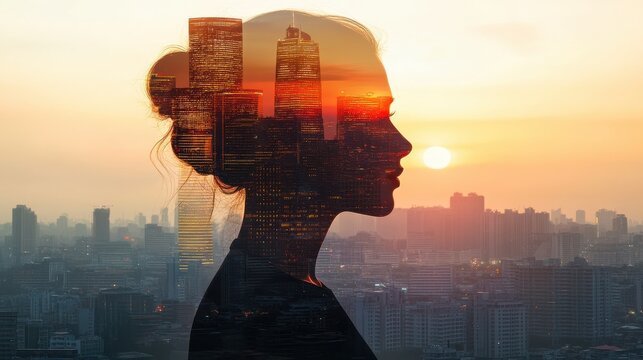 Profile of woman merging with a cityscape at sunset, concept of connection, artificial intelligence and smart city multiple exposure photography