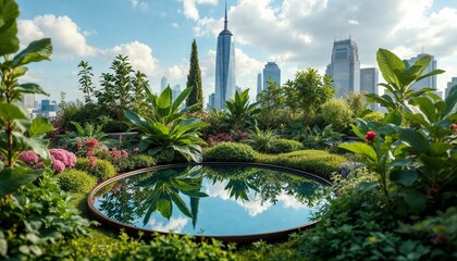 Sky-reflecting mirror surrounded by vibrant rooftop garden flowers above urban skyline