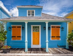 detail of a colorful blue house with wooden shutters vibrant colors architecture in key west florida