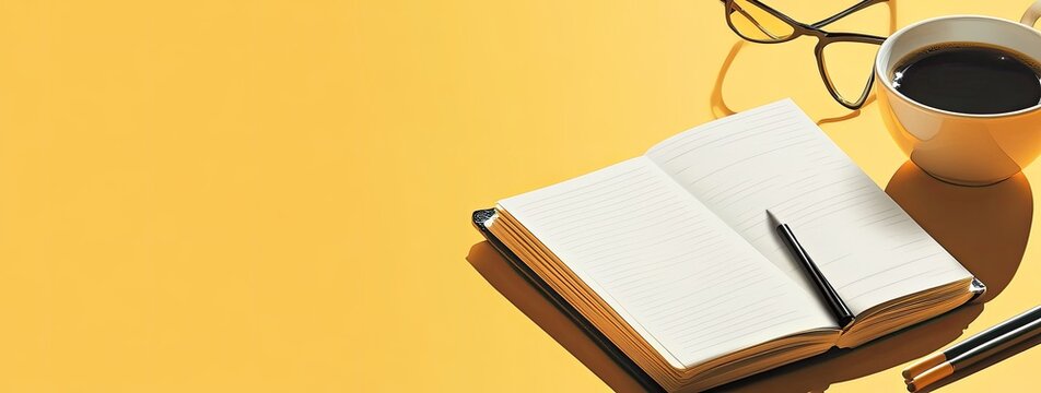 Open notebook, coffee, and eyeglasses on a mustard yellow surface
