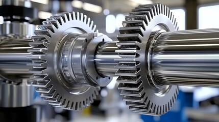 Fototapeta premium Close-up of Intermeshing Gears Precision Engineering, Industrial Machinery, 3D Render, Metal, Component, Mechanism Industrial design, Gear system