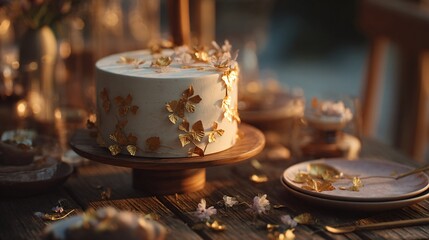 Rustic garden cake setting with minimal decor, ambient summer sunset tones, scattered golden petals