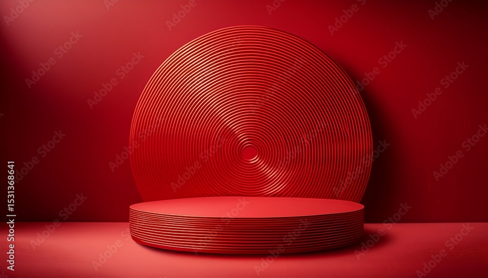 Poster red podium with abstract circular geometric pattern on red background