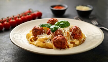 Fototapeta premium delicious pasta dish featuring tender meatballs with cheese and garnish