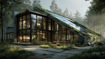 Obraz premium Modern Glass House in Lush Forest with Green Roof