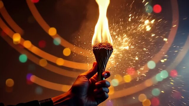 Human hand holding a burning torch with bright flame against a bokeh of colorful lights and dark background. Footage.