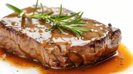 A juicy piece of steak served with a flavorful rosemary sauce, perfect for a romantic dinner or special occasion