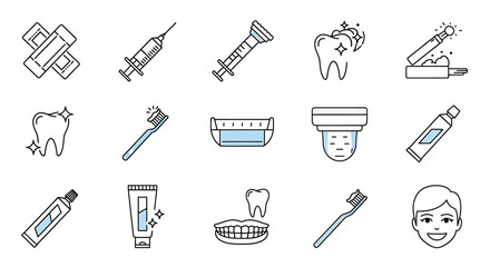 Vector icons Set of  Dental Care Icon Set Clean Teeth Tools and Procedures. Vector Illustrations