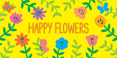 flat style happy flowers with leaves and butterflies graphic element for decorating artwork