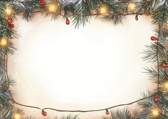 Festive Christmas Border Lights, Pine, Berries, Winter Holiday Background