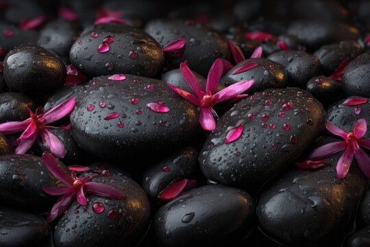 Dark stones, pink petals, water droplets - Powered by Adobe