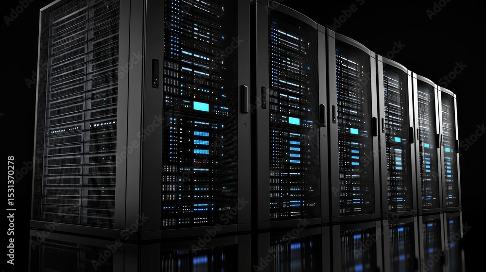 Poster row of illuminated data servers 3d render, black background, technology concept, data center data ce