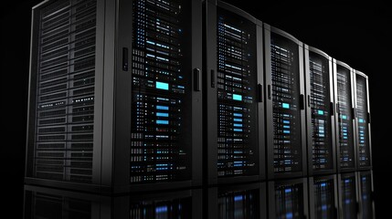 Row of Illuminated Data Servers 3D Render, Black Background, Technology Concept, Data Center Data Center, Server Rack