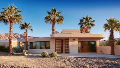 modern mid century house architecture and palm trees in palm springs california