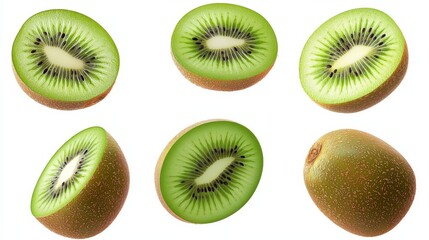 Fototapeta premium Six Kiwi Fruit Slices in Air, Vibrant Green, Close-up Photography, Food Still Life kiwi, fruit photography