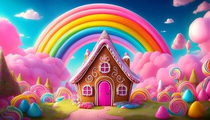 magical candy land with gingerbread house and colorful rainbows in pink clouds