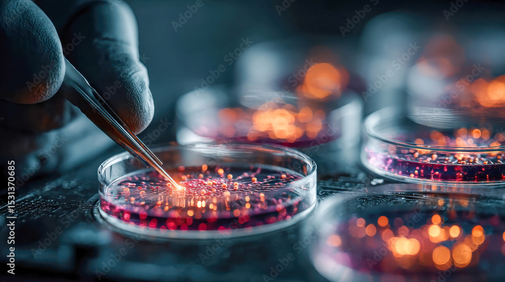 Poster close-up of a scientist using a precision tool to interact with a glowing pink substance in a petri 