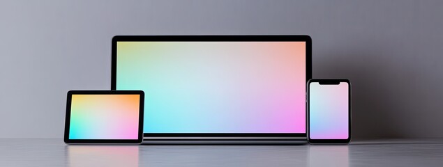Modern devices with colorful screens displayed on a light gray surface