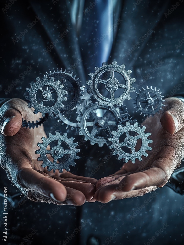 Poster business leader controls interconnected gears business processes. hands hold complex system of gears