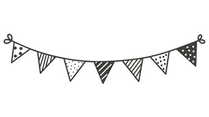 Obraz premium Hand drawn doodle flag garlands in minimal black line art. Includes triangle, heart, and ribbon shapes. Perfect for party decor, invitations, scrapbooking, and banners.