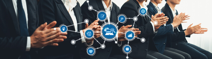 Business professionals collaborating in a modern meeting environment, showcasing technology...