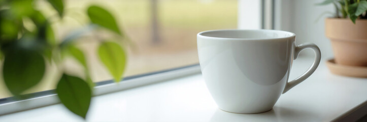 White Coffee Mug on Window Sill with plant in the background with copy space