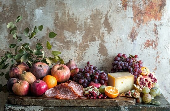 Still life of autumnal fruits, cheeses, and meats on a rustic wooden table - Powered by Adobe