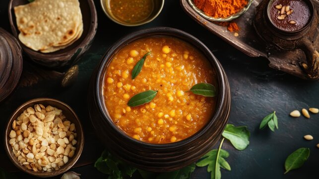 Karnataka's culinary delights with. bisi bele bath, crunchy kara boondi, Mysore Pak, South Indian dish.