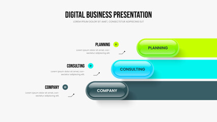 Naklejka premium Corporate Insight Presentation Design Vector Illustration. Sales Plan 3 Option Infographic Frame Template. Consulting Forecast Three Element Diagram Slide Layout.