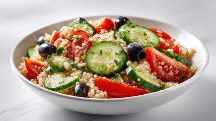 Fresh Quinoa Salad Featuring Tomatoes, Cucumbers and Olives in a White Bowl