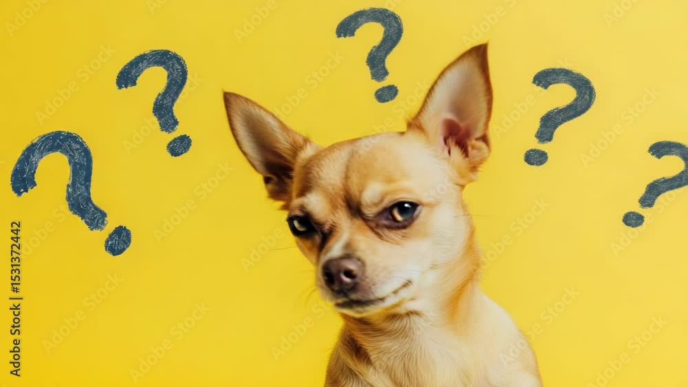 Poster a curious small dog with question marks on its face, perfect for illustrating inquiry or curiosity