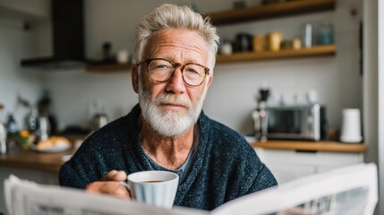 Senior Man with Glasses Reading Newspaper and Holding Coffee Mug Indoors
