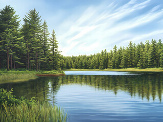 Fototapeta premium Serene Lakeside Forest A Peaceful Vista isolated on transparent background