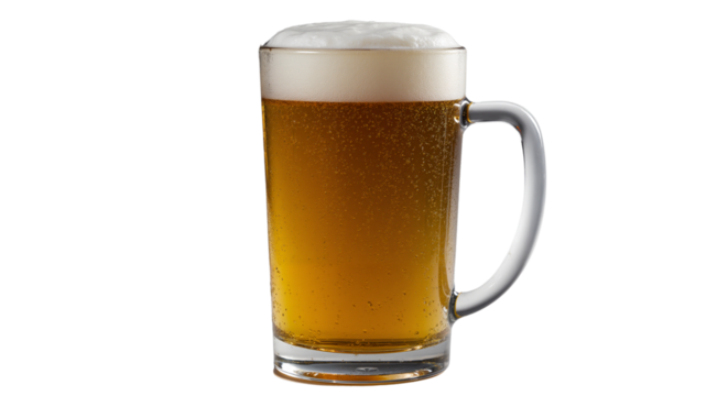 Glass of beer with foam on top against a clear background  