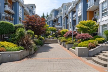 Well-maintained walkway between modern apartment buildings, lush landscaping