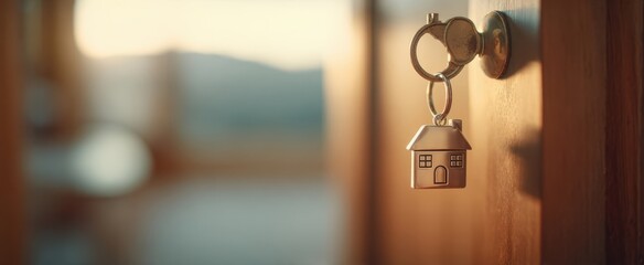 The keys hanging from a door with a house charm symbolizing new beginnings.