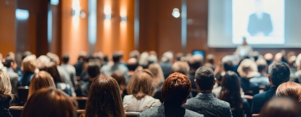 Obraz premium The audience captivated by a speaker during a professional conference presentation.