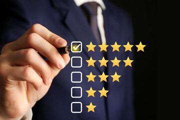 customer service digital online. concept of the satisfaction survey. 5-star rate review for consumer, positive experience of user. best feedback, testimony customer, business quality 
