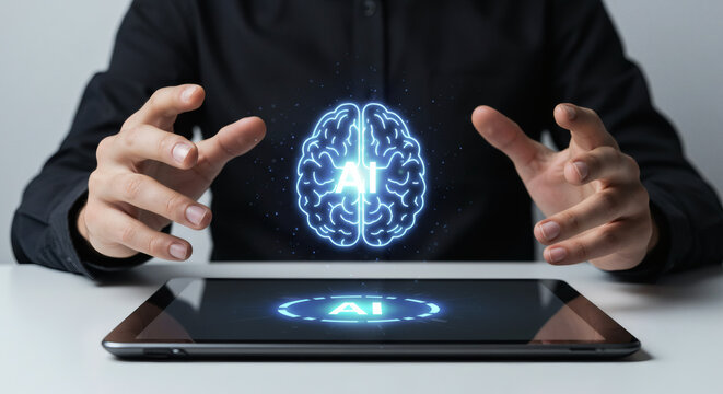 Hands reaching towards an AI-powered digital brain on a tablet screen, embodying the future of technology. - Powered by Adobe