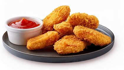 golden brown crispy chicken nuggets served with side of ketchup isolated with transparent