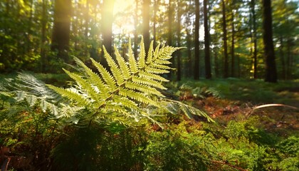 fern branch brightly lit by sun in forest