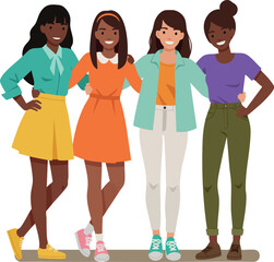 Obraz premium Diverse group of young women standing together smiling in casual colorful clothing vector illustration 