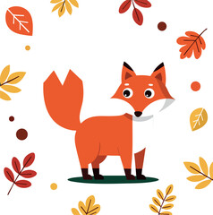 Obraz premium Fox surrounded by autumn leaves in orange yellow and brown colors vector illustration 