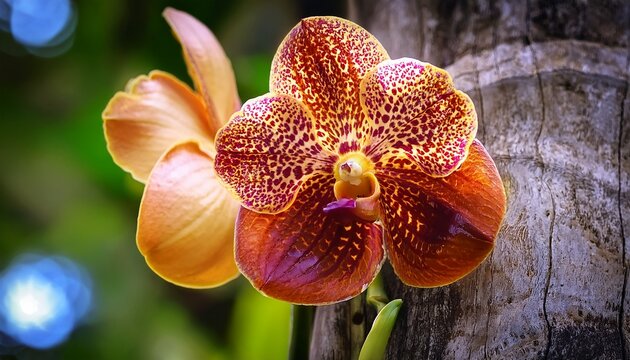 close up of a vanda orchid growing outside in a garden on a tree trunk in key west florida