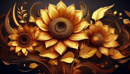 golden sunflowers with leaves and artistic detailing