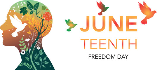 Silhouette face head in profile ethnic, Juneteenth Independence Day Freedom Emancipation Poster – June 19 African-American Heritage Celebration Banner & Vector Background