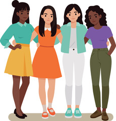 Obraz premium Diverse group of young women standing together in casual colorful outfits in friendship pose 