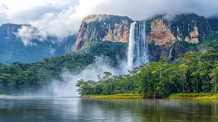 Serene landscape with a waterfall and lush greenery by a lake.