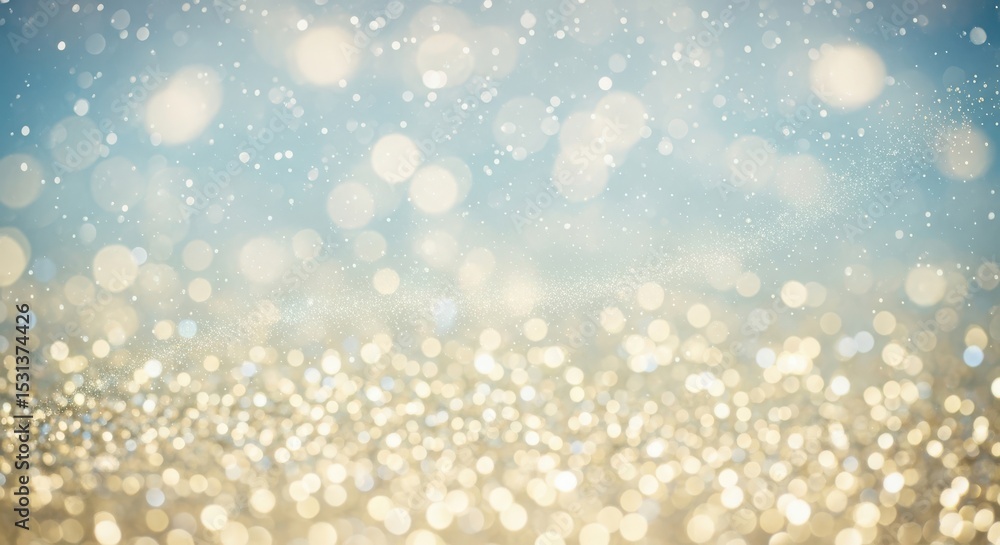 Poster soft bokeh background with shimmering golden lights and a gentle blue gradient, creating a dreamy at